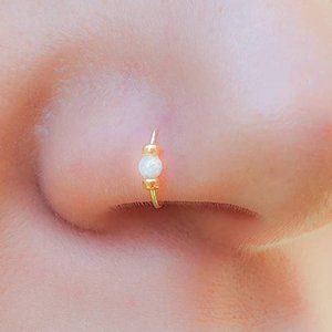 Tiny White Opal Nose Hoop Ring Piercings 24 G Nose